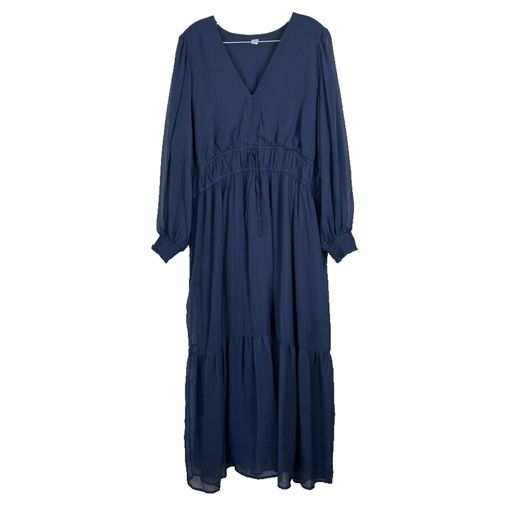 Old Navy Dress Women's XXL Smocked Tie Front Maxi Chiffon Navy Blue Sheer Sleeve